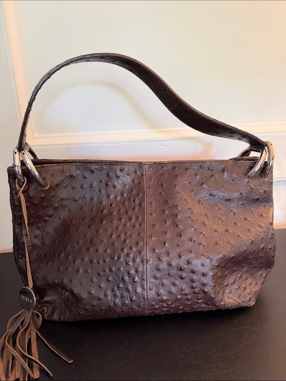 Furla Dark Brown Ostrich-Embossed Leather Shoulder Bag